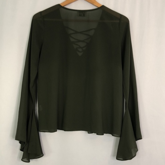 Show Me Your Mumu The Zuko Top Green Lace Up Bell Sleeve Size S - Picture 6 of 11